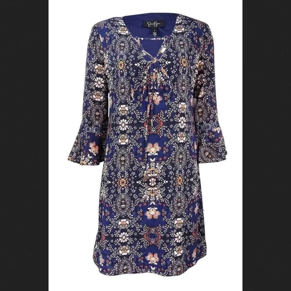 NWOT 👗 Jessica Simpson Women's Printed Peasant Dress - Picture 1 of 10